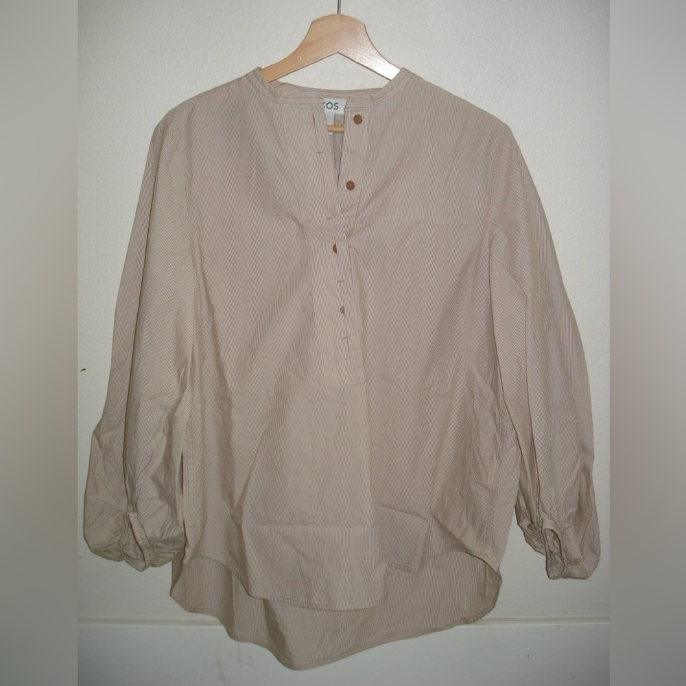 COS brown thin stripe volume sleeve collarless blouse